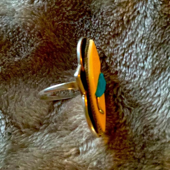 Vintage Navajo Sterling silver & antler bone with enamel turquoise inset ring - Picture 2 of 8